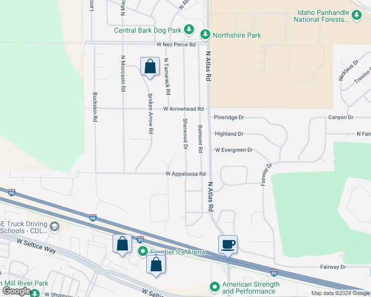 map of restaurants, bars, coffee shops, grocery stores, and more near 3497 Sherwood Drive in Coeur d'Alene
