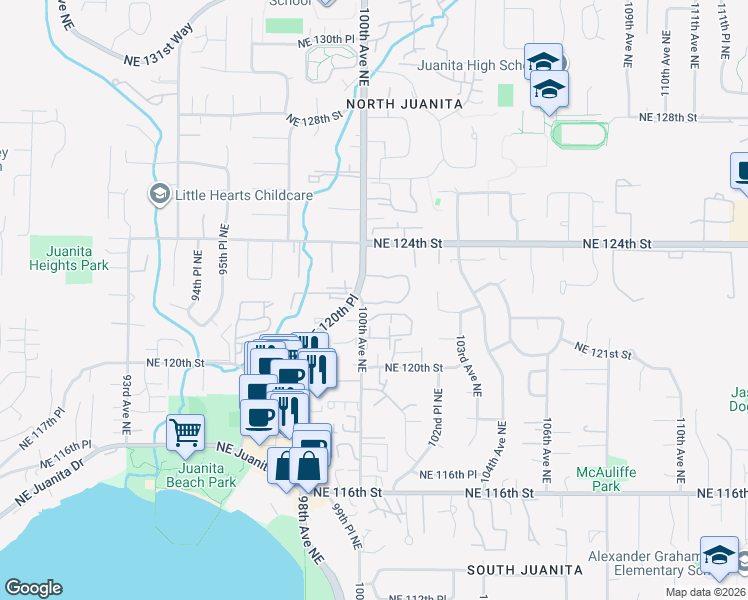 map of restaurants, bars, coffee shops, grocery stores, and more near 10004 Northeast 122nd Street in Kirkland