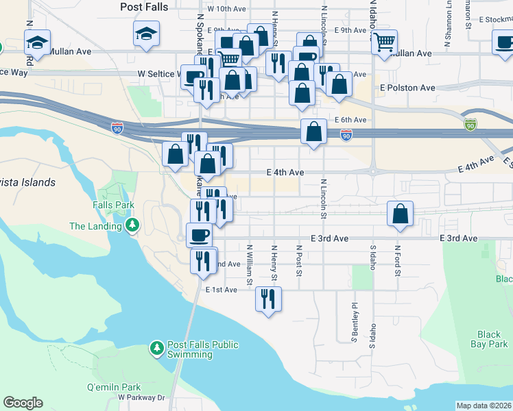 map of restaurants, bars, coffee shops, grocery stores, and more near 5 North Idaho Centennial Trail in Post Falls