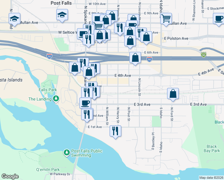 map of restaurants, bars, coffee shops, grocery stores, and more near 5 North Idaho Centennial Trail in Post Falls
