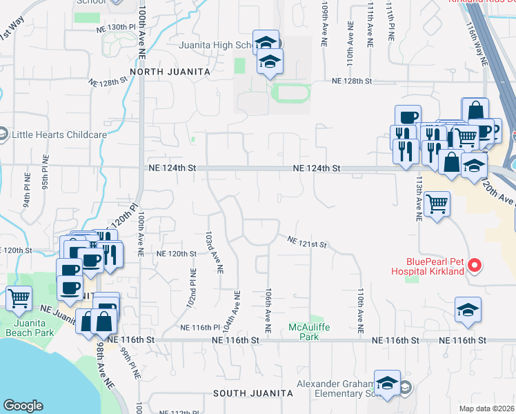 map of restaurants, bars, coffee shops, grocery stores, and more near 10515 Northeast 122nd Street in Kirkland