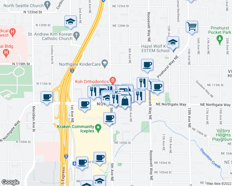 map of restaurants, bars, coffee shops, grocery stores, and more near 528 Northgate Mal in Seattle