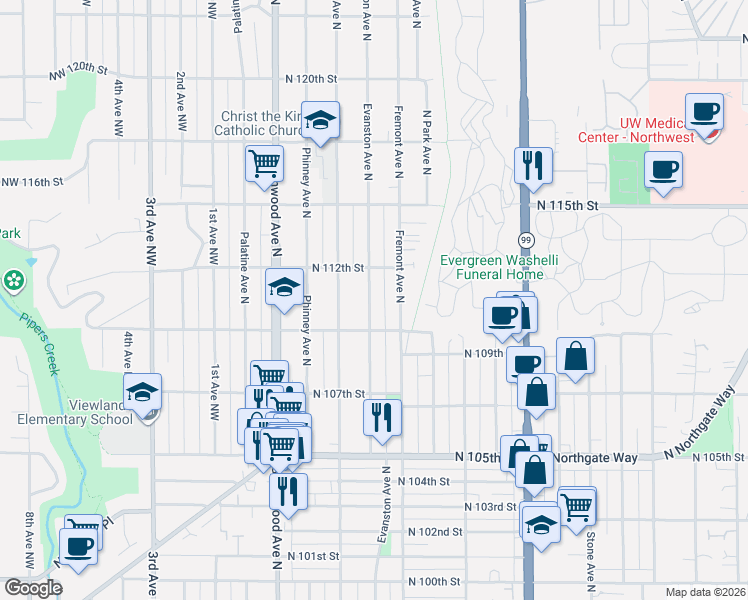 map of restaurants, bars, coffee shops, grocery stores, and more near 11009 Evanston Avenue North in Seattle