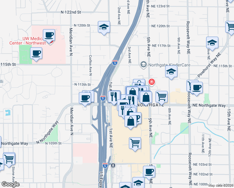 map of restaurants, bars, coffee shops, grocery stores, and more near 11060 2nd Avenue Northeast in Seattle