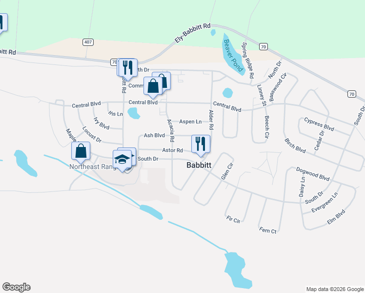 map of restaurants, bars, coffee shops, grocery stores, and more near 44 Astor Road in Babbitt