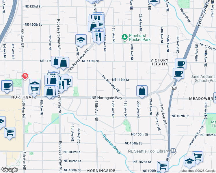 map of restaurants, bars, coffee shops, grocery stores, and more near 11039 17th Avenue Northeast in Seattle