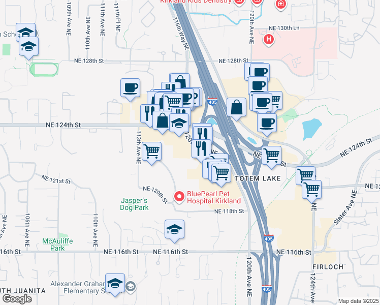 map of restaurants, bars, coffee shops, grocery stores, and more near 12335 120th Avenue Northeast in Kirkland