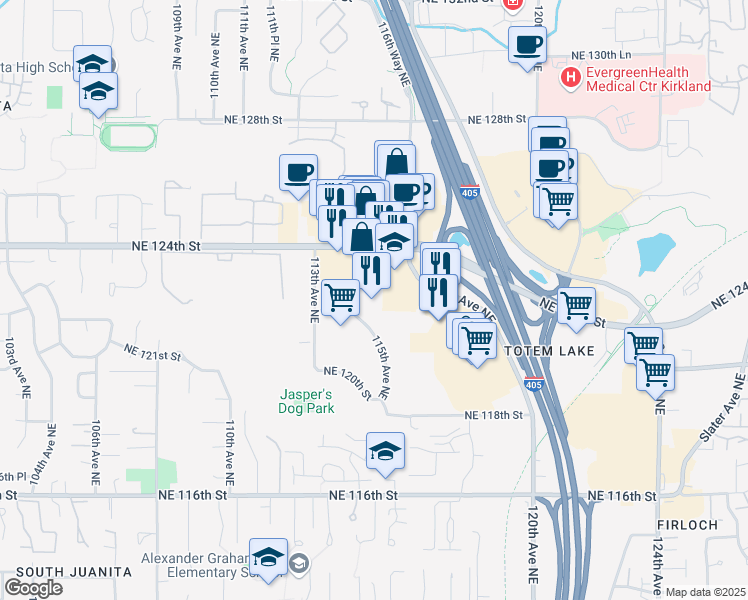 map of restaurants, bars, coffee shops, grocery stores, and more near 11410 Northeast 122nd Way in Kirkland