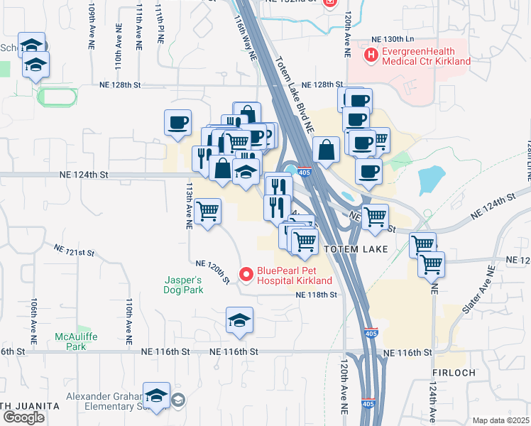 map of restaurants, bars, coffee shops, grocery stores, and more near 12335 120th Avenue Northeast in Kirkland