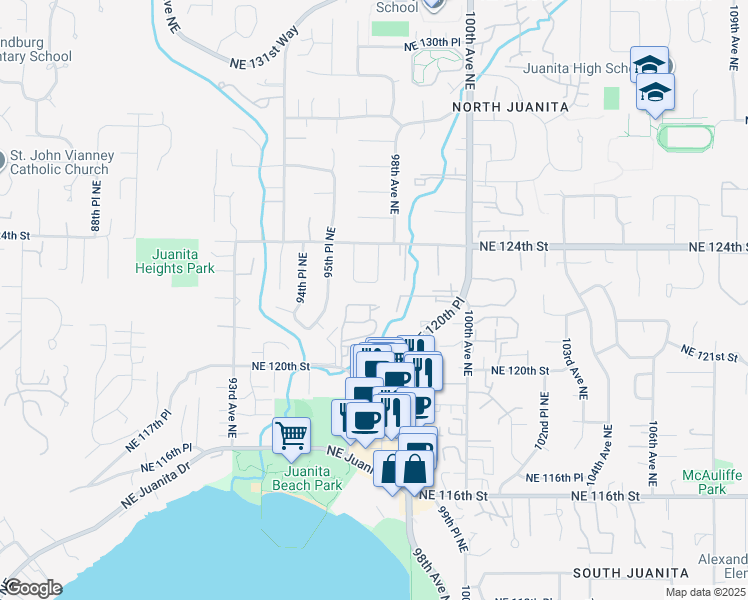 map of restaurants, bars, coffee shops, grocery stores, and more near 12034 96th Avenue Northeast in Kirkland