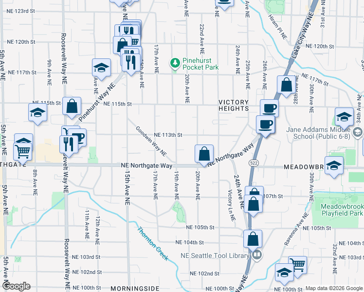 map of restaurants, bars, coffee shops, grocery stores, and more near 11040 19th Avenue Northeast in Seattle