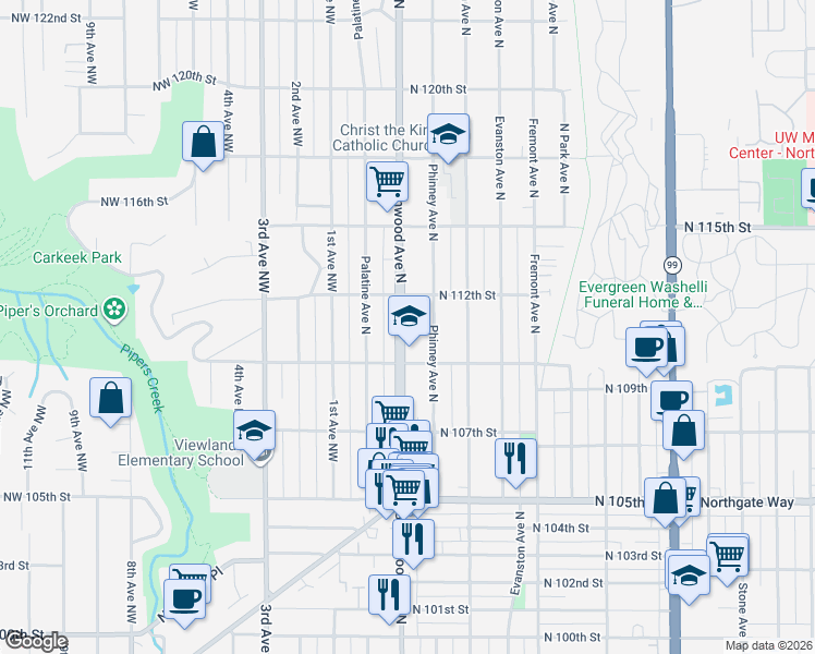 map of restaurants, bars, coffee shops, grocery stores, and more near 11030 Greenwood Avenue North in Seattle
