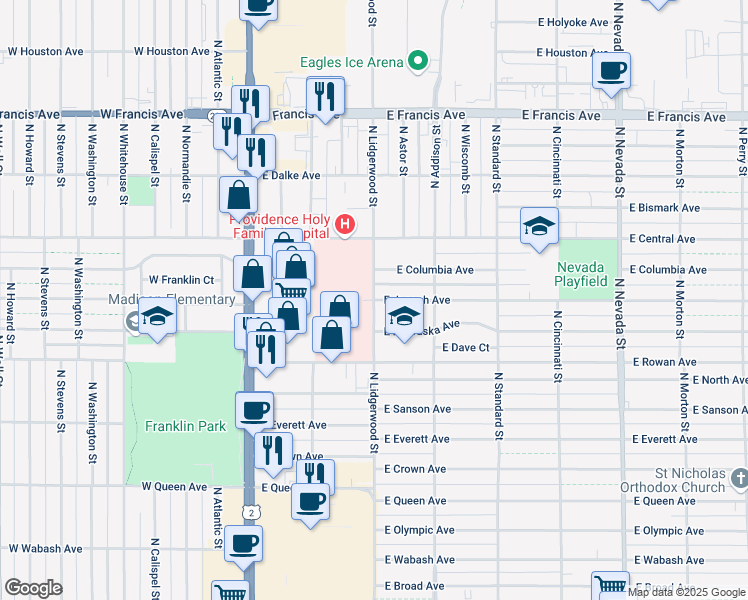 map of restaurants, bars, coffee shops, grocery stores, and more near 5633 North Lidgerwood Street in Spokane