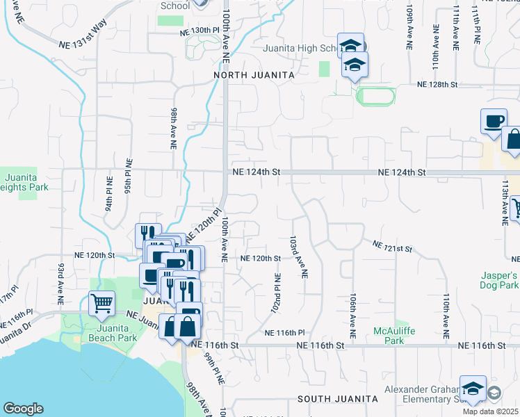 map of restaurants, bars, coffee shops, grocery stores, and more near 10201 Northeast 122nd Street in Kirkland