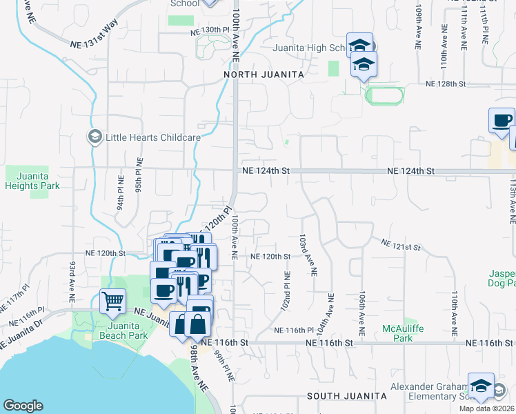 map of restaurants, bars, coffee shops, grocery stores, and more near 10015 Northeast 120th Lane in Kirkland