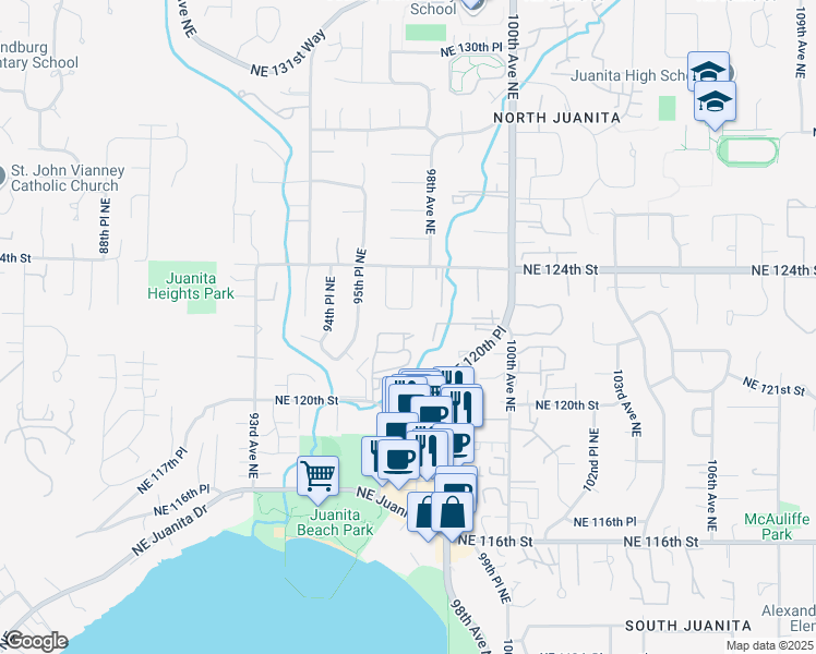 map of restaurants, bars, coffee shops, grocery stores, and more near 12034 96th Avenue Northeast in Kirkland