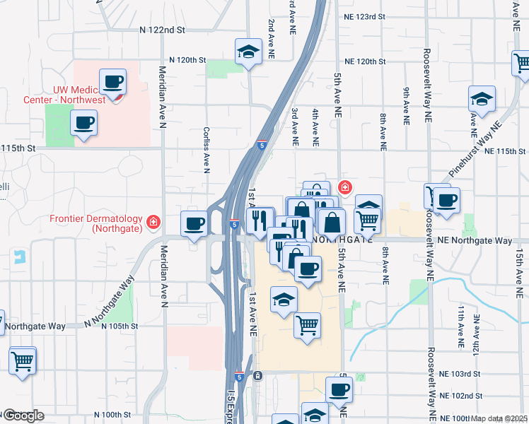 map of restaurants, bars, coffee shops, grocery stores, and more near 106 Northeast Northgate Way in Seattle