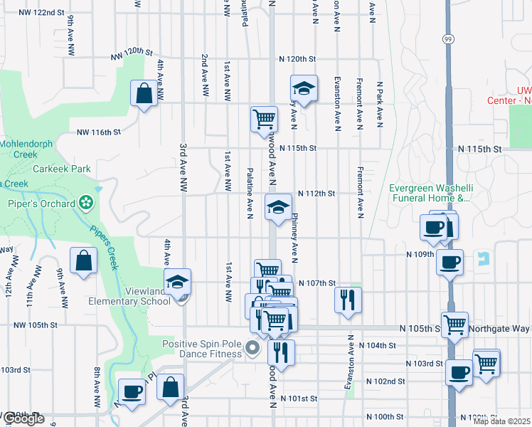 map of restaurants, bars, coffee shops, grocery stores, and more near 202 North 110th Street in Seattle
