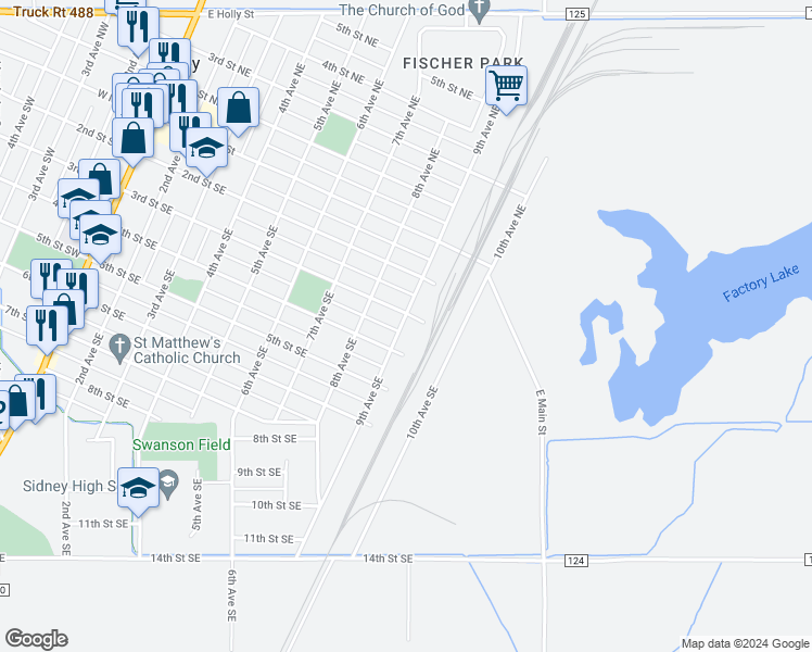 map of restaurants, bars, coffee shops, grocery stores, and more near 907 3rd Street Southeast in Sidney