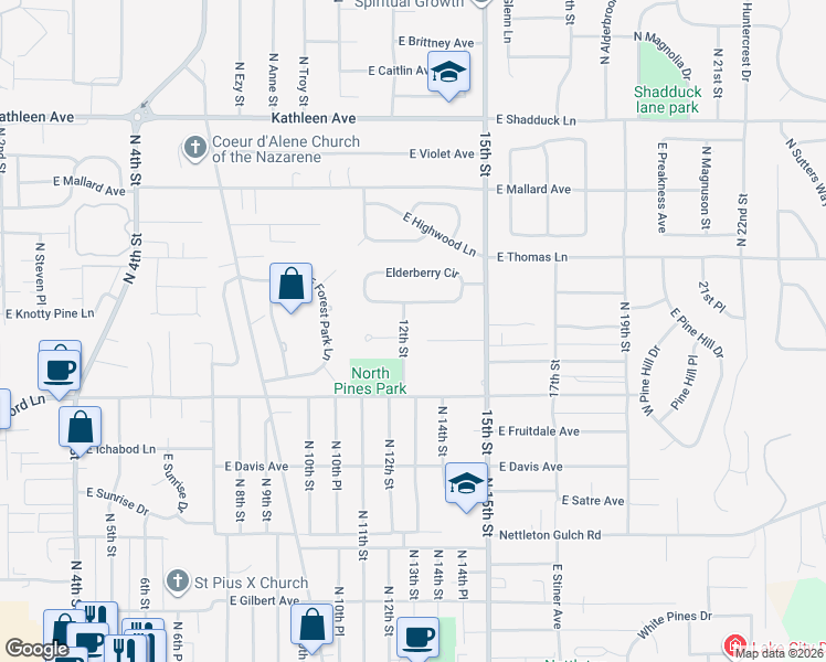 map of restaurants, bars, coffee shops, grocery stores, and more near 3416 North 12th Street in Coeur d'Alene