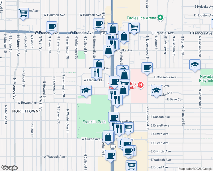 map of restaurants, bars, coffee shops, grocery stores, and more near 24 West Nebraska Avenue in Spokane