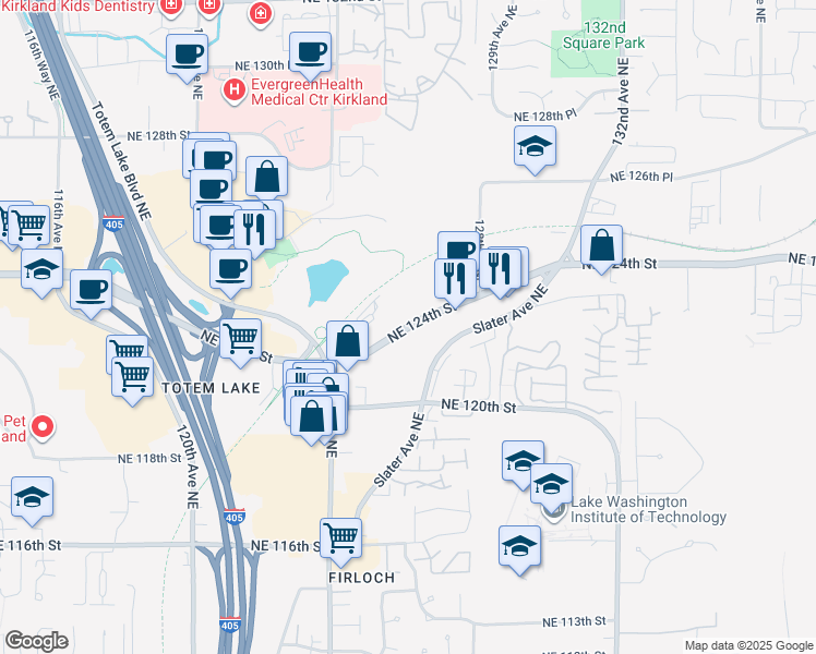 map of restaurants, bars, coffee shops, grocery stores, and more near 12626 Northeast 124th Street in Kirkland