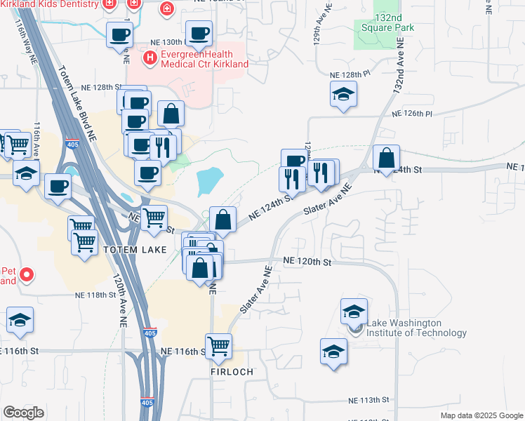 map of restaurants, bars, coffee shops, grocery stores, and more near 12626 Northeast 124th Street in Kirkland