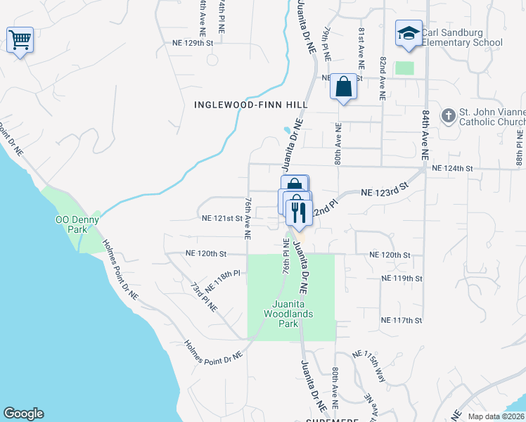 map of restaurants, bars, coffee shops, grocery stores, and more near 7615 Northeast 123rd Street in Kirkland