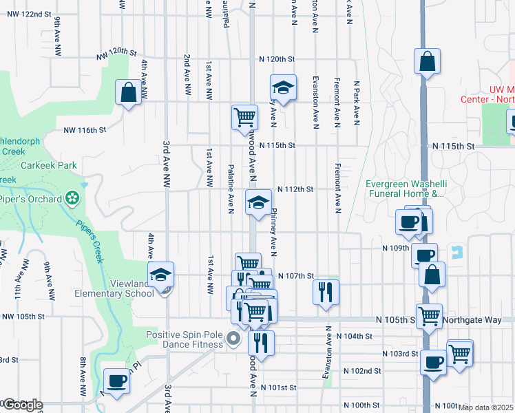 map of restaurants, bars, coffee shops, grocery stores, and more near 11200 Greenwood Avenue North in Seattle