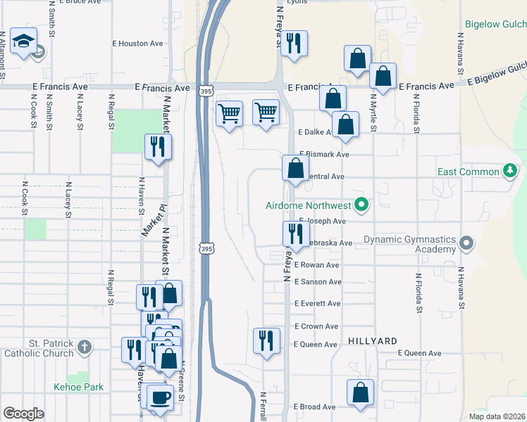map of restaurants, bars, coffee shops, grocery stores, and more near 5707 North Freya Street in Spokane