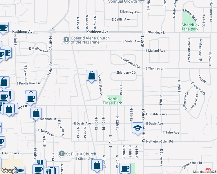 map of restaurants, bars, coffee shops, grocery stores, and more near 1281 Elderberry Circle in Coeur d'Alene