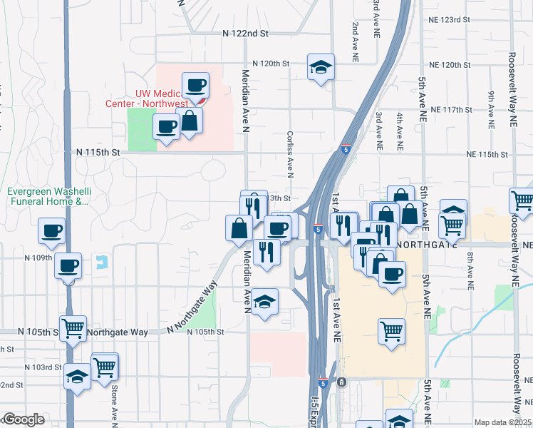 map of restaurants, bars, coffee shops, grocery stores, and more near 2124 North 112th Street in Seattle