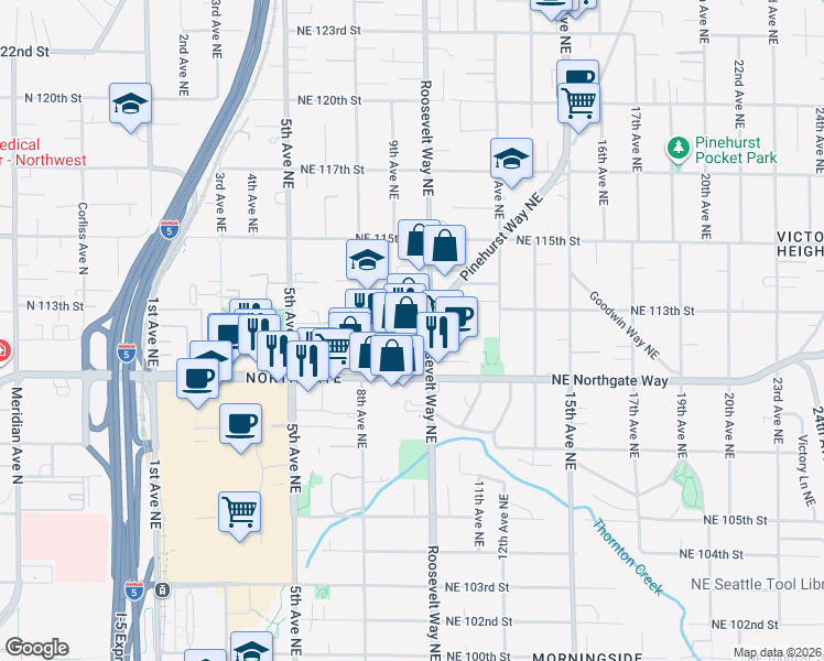 map of restaurants, bars, coffee shops, grocery stores, and more near 11222 8th Avenue Northeast in Seattle