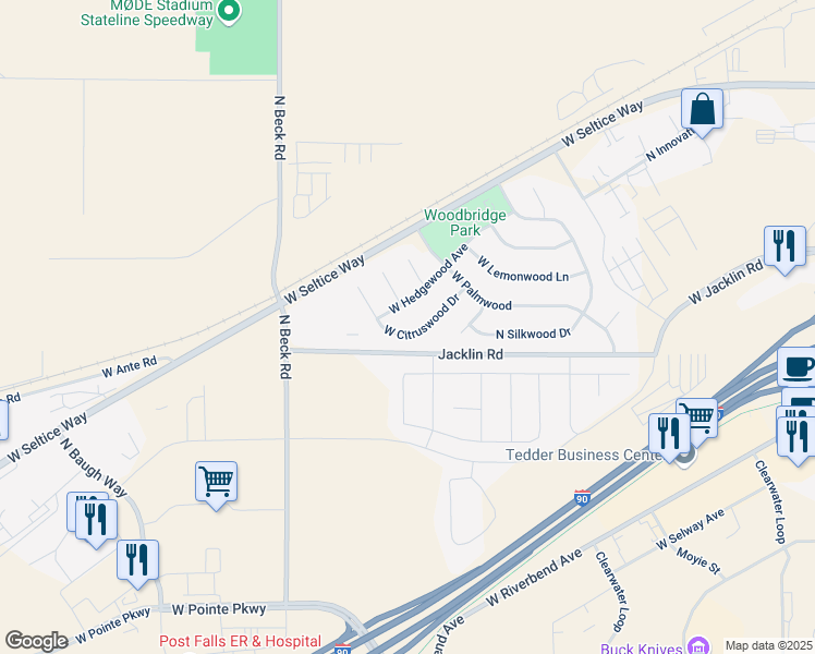 map of restaurants, bars, coffee shops, grocery stores, and more near 5269 West Citruswood Drive in Post Falls