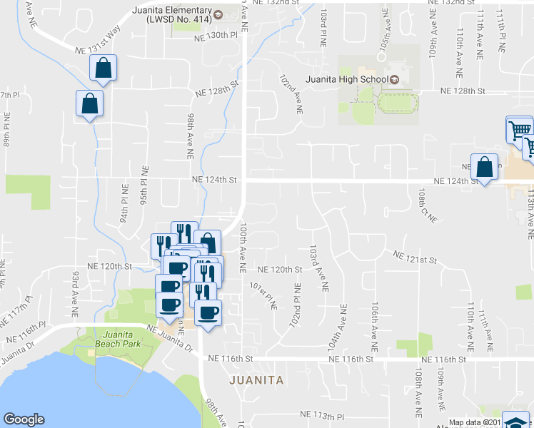 map of restaurants, bars, coffee shops, grocery stores, and more near 10015 Northeast 123rd Street in Kirkland