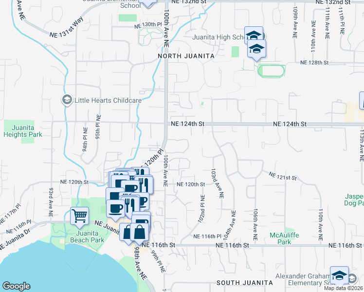 map of restaurants, bars, coffee shops, grocery stores, and more near 10013 Northeast 123rd Street in Kirkland