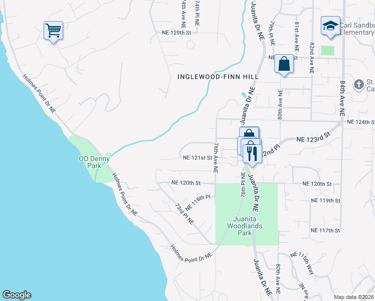 map of restaurants, bars, coffee shops, grocery stores, and more near 7402 Northeast 122nd Street in Kirkland