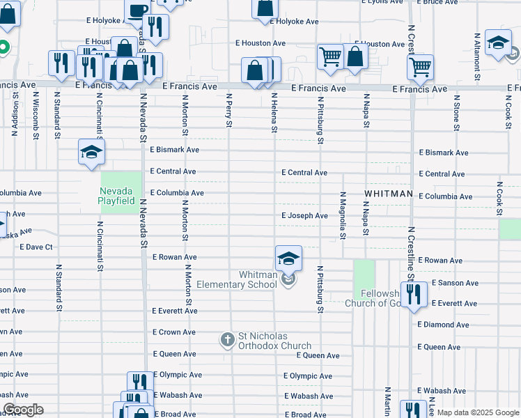map of restaurants, bars, coffee shops, grocery stores, and more near 1504 East Columbia Avenue in Spokane