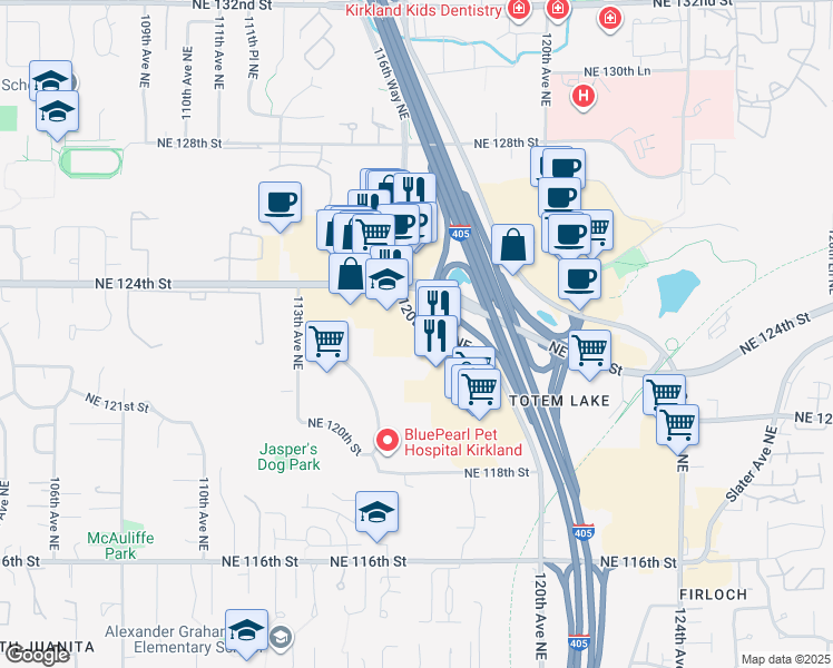 map of restaurants, bars, coffee shops, grocery stores, and more near 12301 120th Avenue Northeast in Kirkland