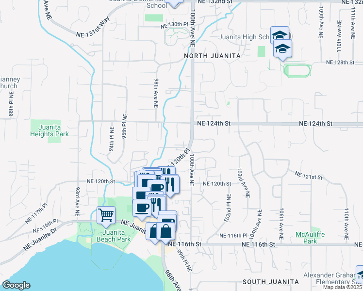 map of restaurants, bars, coffee shops, grocery stores, and more near 9907 Northeast 124th Street in Kirkland