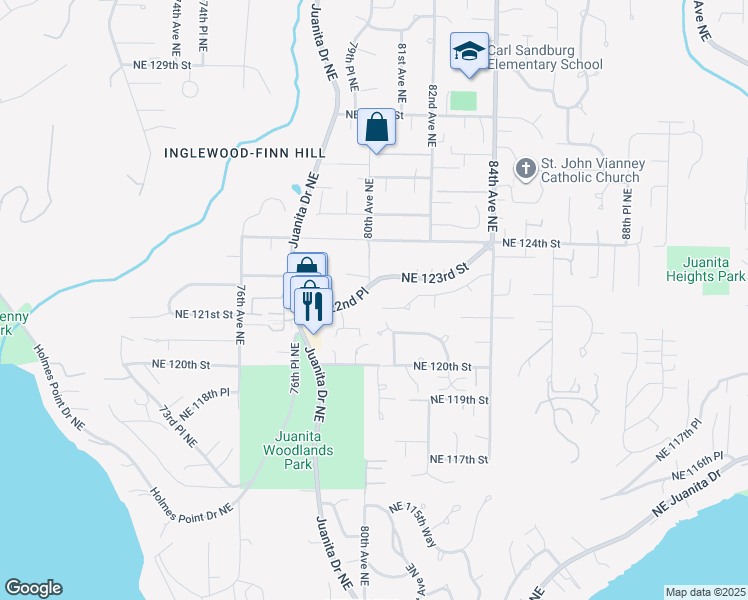 map of restaurants, bars, coffee shops, grocery stores, and more near 12225 80th Avenue Northeast in Kirkland