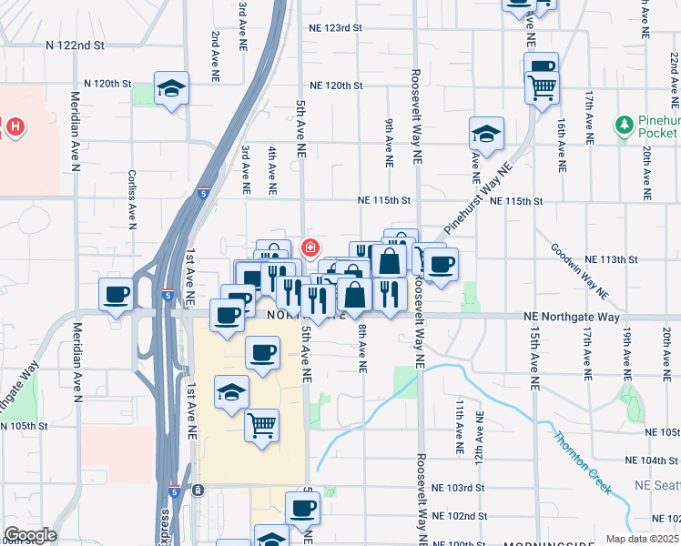 map of restaurants, bars, coffee shops, grocery stores, and more near 524 Northeast 112th Street in Seattle