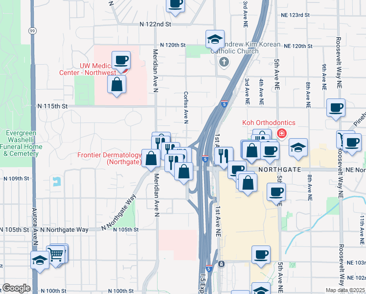 map of restaurants, bars, coffee shops, grocery stores, and more near in Seattle