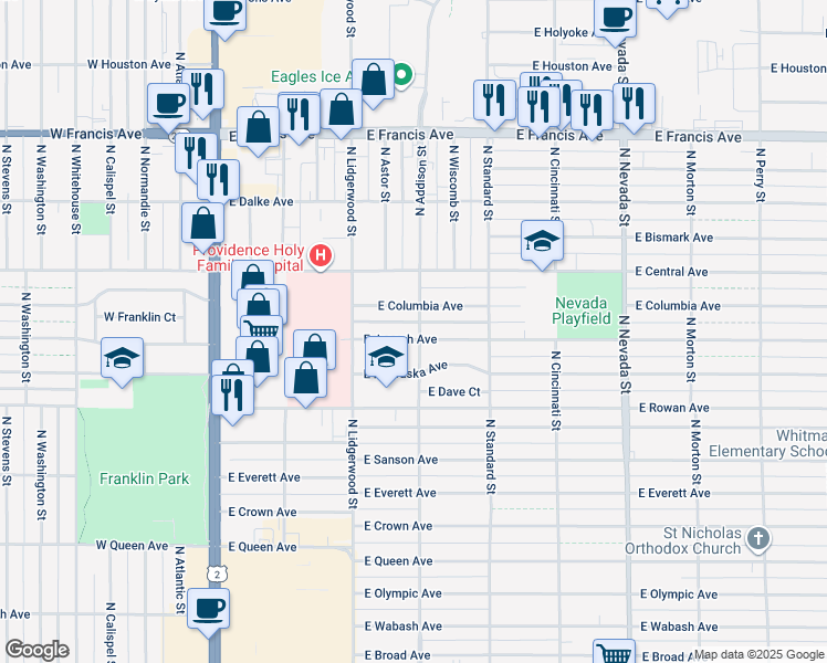 map of restaurants, bars, coffee shops, grocery stores, and more near 429 East Joseph Avenue in Spokane