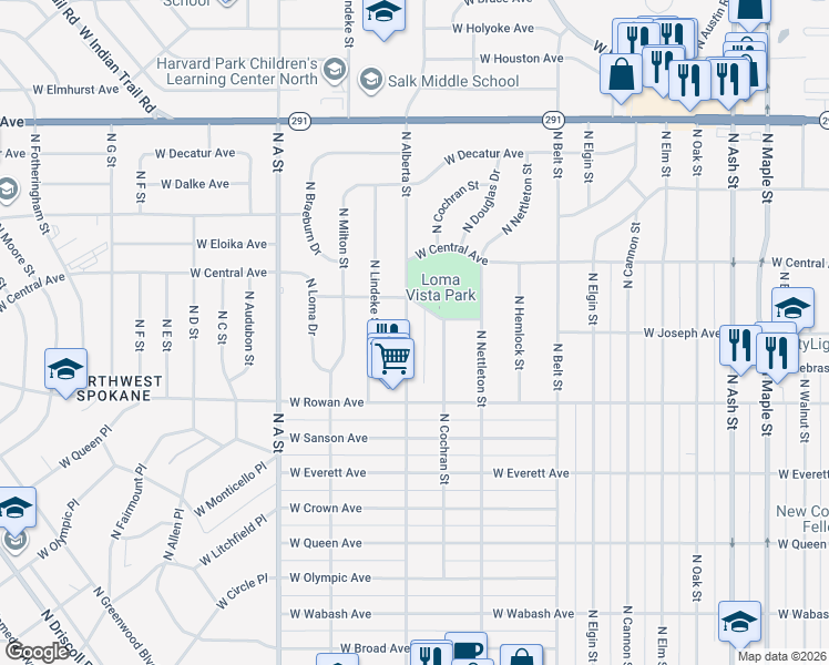 map of restaurants, bars, coffee shops, grocery stores, and more near 5708 North Alberta Street in Spokane