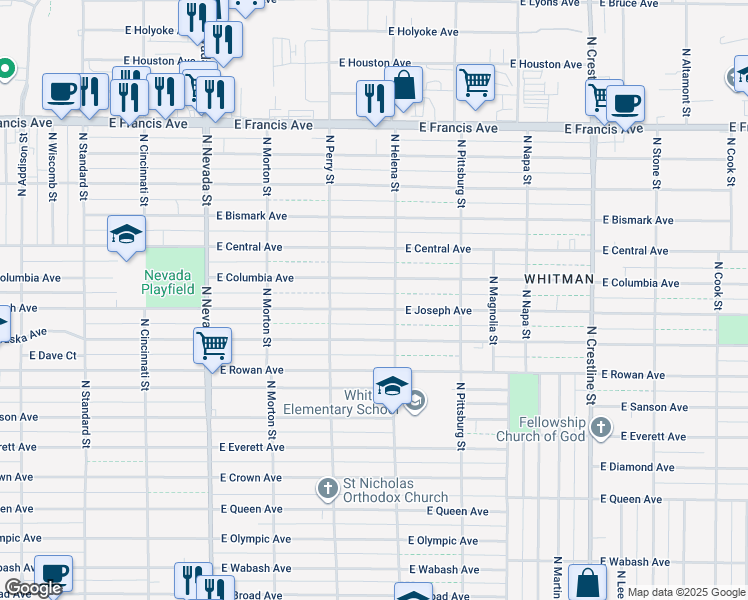 map of restaurants, bars, coffee shops, grocery stores, and more near 1504 East Columbia Avenue in Spokane