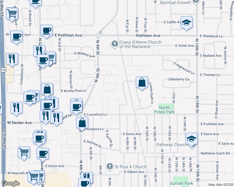 map of restaurants, bars, coffee shops, grocery stores, and more near 747 East Red Fir Lane in Coeur d'Alene