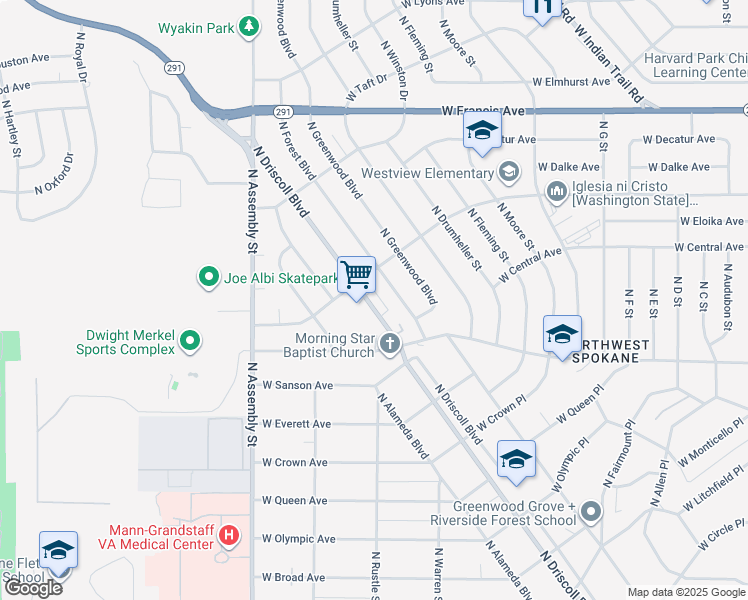 map of restaurants, bars, coffee shops, grocery stores, and more near 5612 North Driscoll Boulevard in Spokane