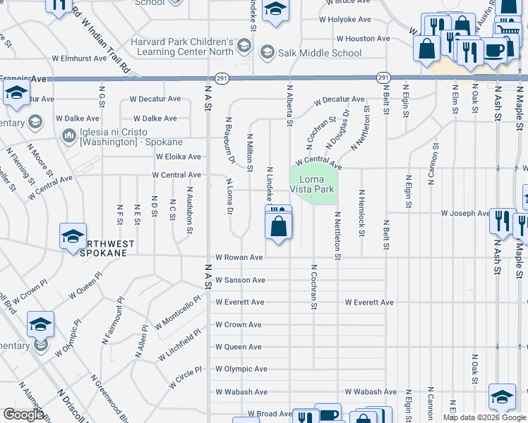 map of restaurants, bars, coffee shops, grocery stores, and more near 5728 North Lindeke Street in Spokane