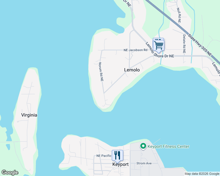 map of restaurants, bars, coffee shops, grocery stores, and more near 16172 Tuk Wil La Road Northeast in Poulsbo